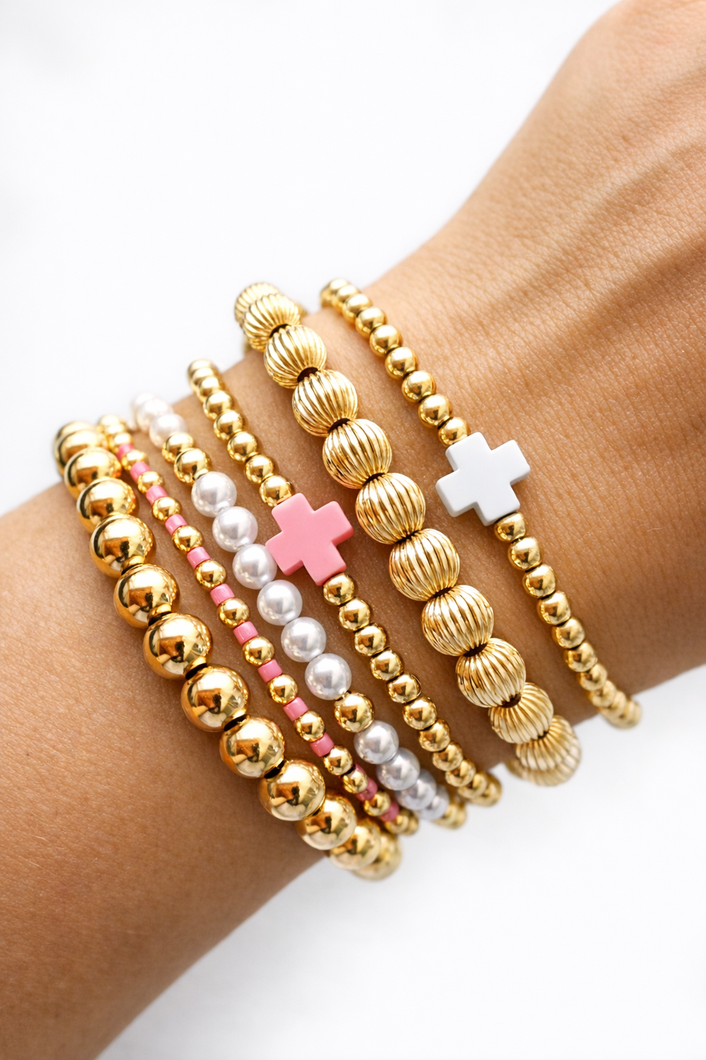 Pink & White Cross Beaded Bracelet Set