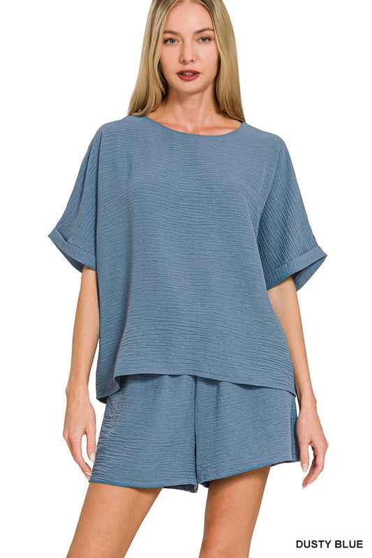 Dusty Blue Woven Airflow Short Set