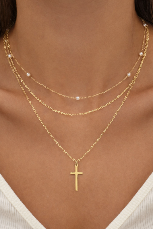 Gold Layered Cross Pearl Necklace