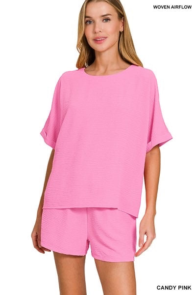 Candy Pink Woven Airflow Short Set