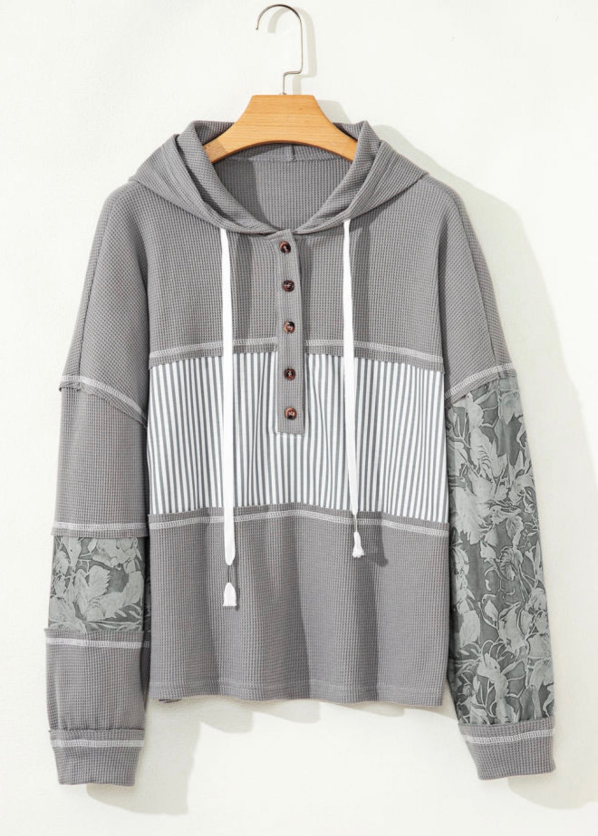 Gray Patchwork Drawstring Hoodie Top