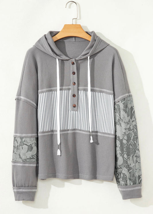 Gray Patchwork Drawstring Hoodie Top - alternate view 2