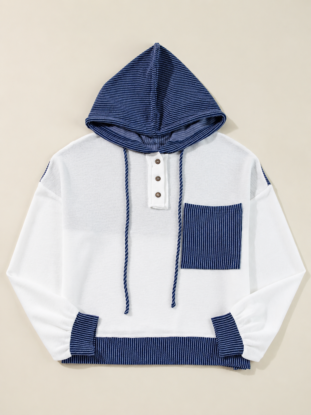 White/Navy Color-block Pocket Hooded Top