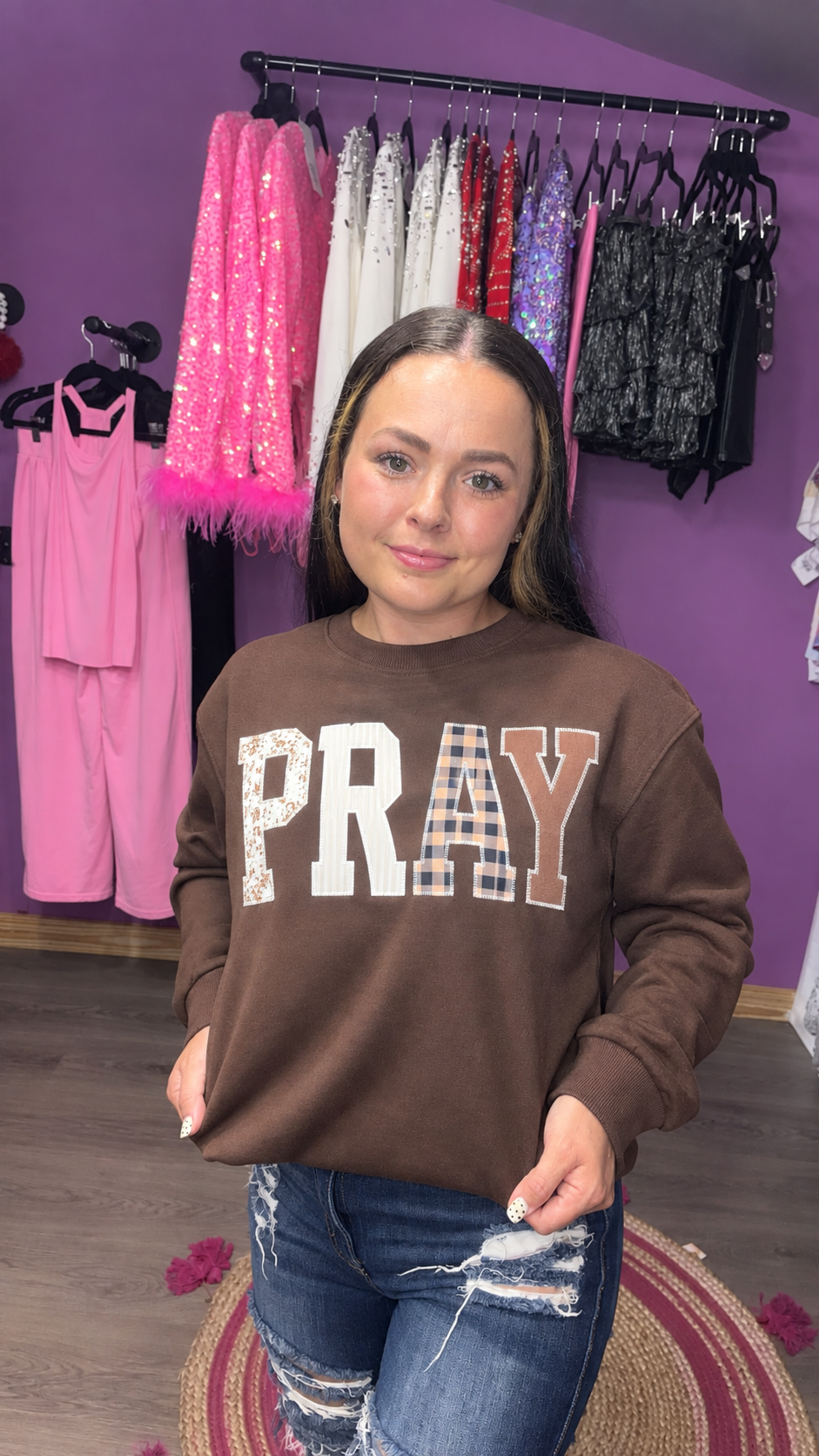 Pray More Worry Less Patchwork Sweatshirt – Chocolate Brown
