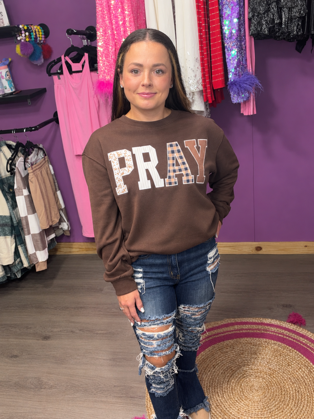 Pray More Worry Less Patchwork Sweatshirt – Chocolate Brown