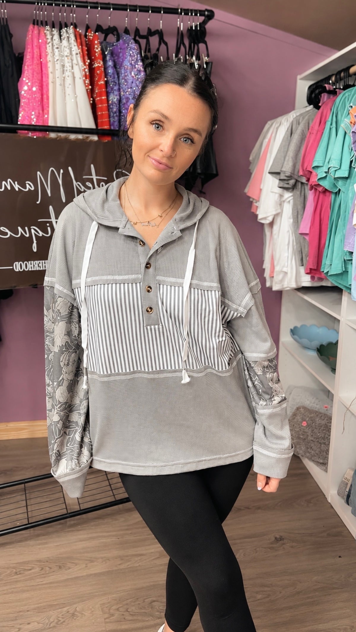 Gray Patchwork Drawstring Hoodie Top