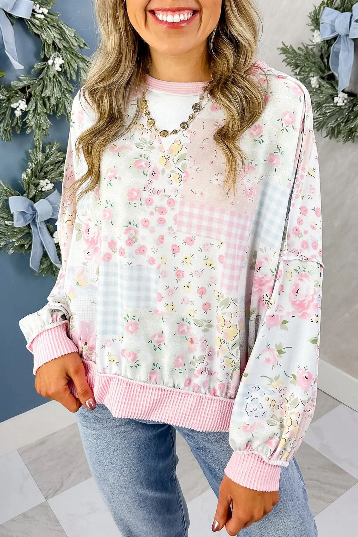 Blushing Blooms Patchwork Pullover – Pink Multi